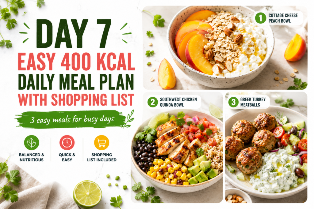 Day 7 easy 400 kcal daily meal plan featured image with Cottage Cheese Peach Bowl, Southwest Chicken Quinoa Bowl, and Greek Turkey Meatballs with shopping list.