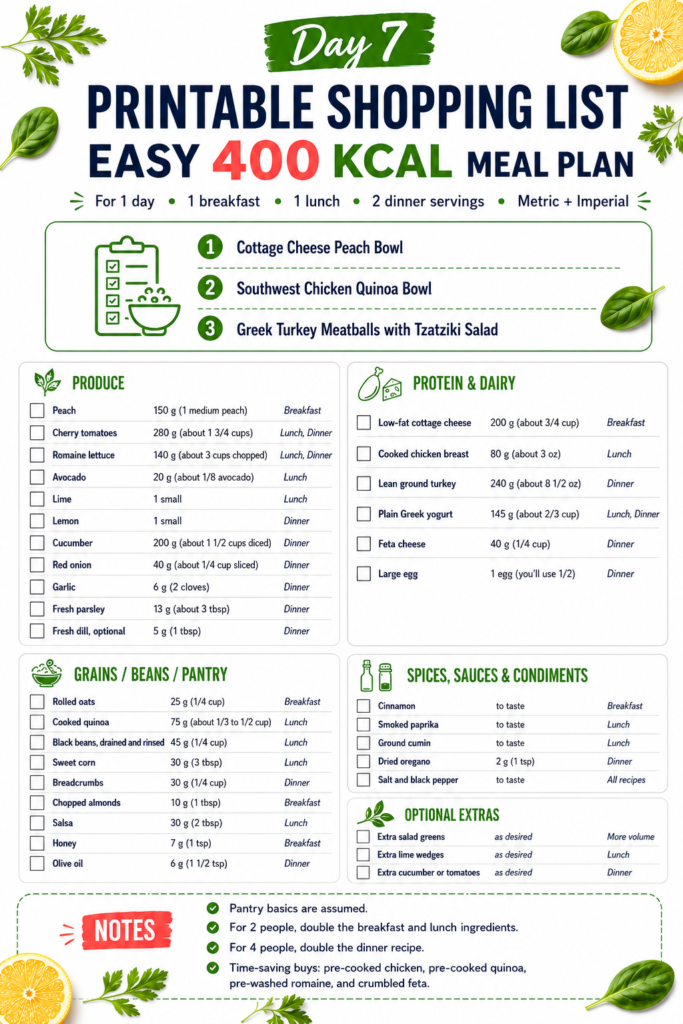 Day 7 printable shopping list for an easy 400 kcal meal plan featuring Cottage Cheese Peach Bowl, Southwest Chicken Quinoa Bowl, and Greek Turkey Meatballs with Tzatziki Salad.