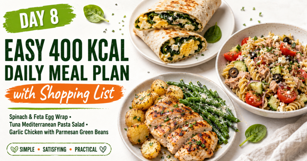 Featured image for Day 8 easy 400 kcal daily meal plan with spinach feta egg wrap, tuna Mediterranean pasta salad, and garlic chicken with parmesan green beans.
