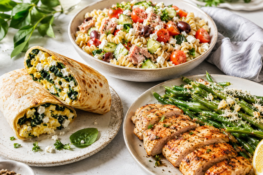 Whole wheat spinach and feta egg wrap sliced in half with fluffy scrambled eggs, wilted spinach, and crumbled feta on a light ceramic plate.