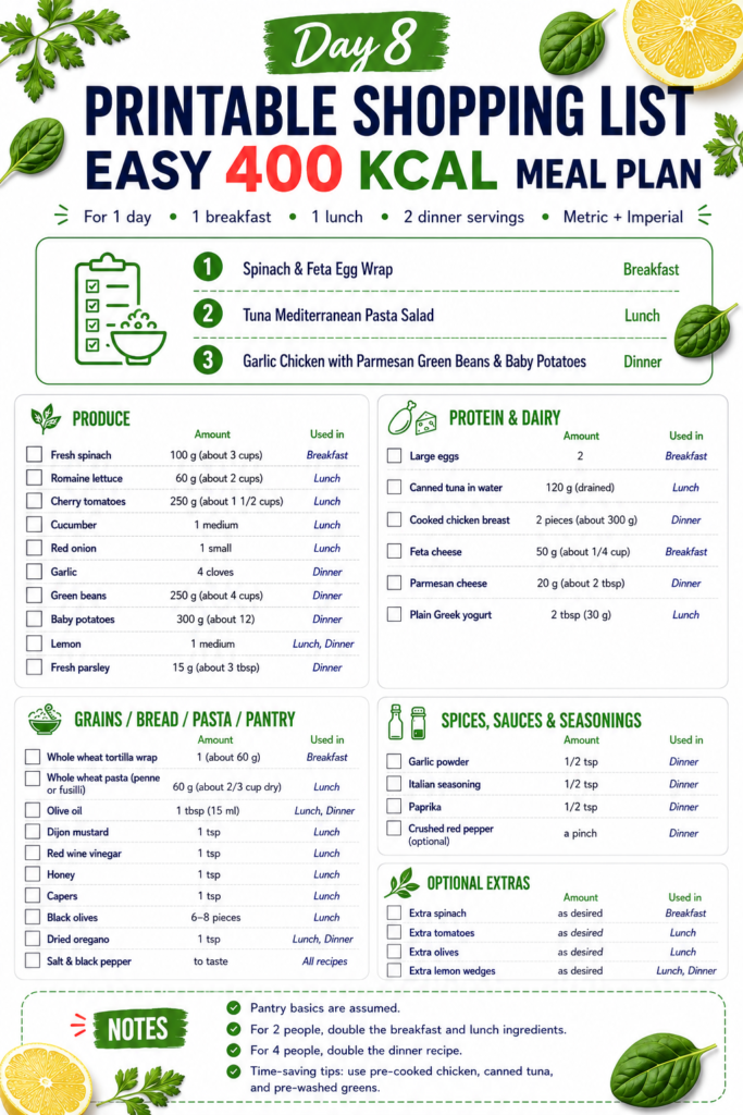 Printable shopping list for Day 8 easy 400 kcal meal plan with ingredients for spinach feta egg wrap, tuna Mediterranean pasta salad, and garlic chicken with parmesan green beans.