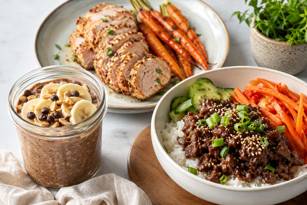 Chocolate peanut butter overnight oats, Korean beef rice bowl, and Dijon pork tenderloin with roasted carrots from the Day 9 meal plan.