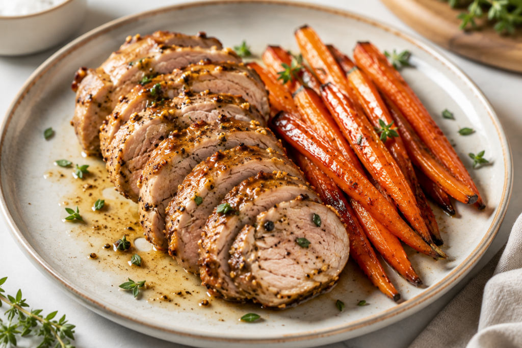 Sliced Dijon-glazed pork tenderloin served with golden roasted carrots, pan juices, black pepper, and fresh thyme.