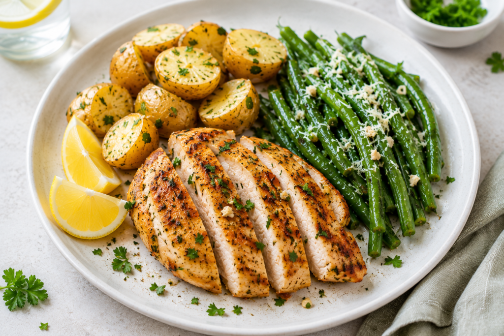 Golden garlic chicken breast served with parmesan green beans, baby potatoes, lemon wedges, and fresh parsley on a light ceramic plate.
