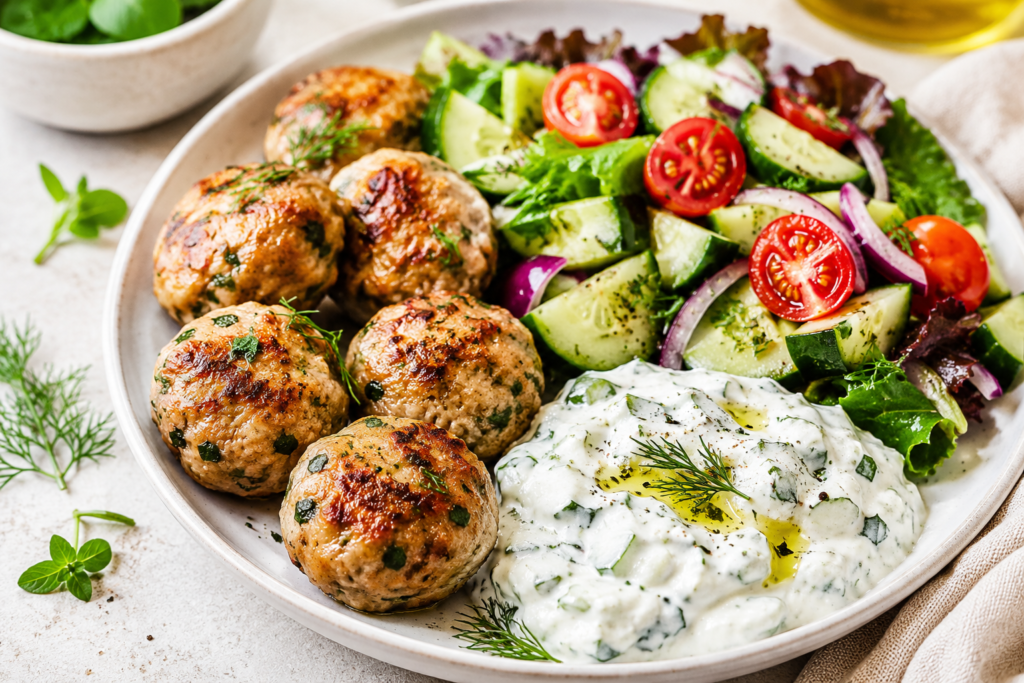 Greek turkey meatballs with creamy tzatziki salad, fresh cucumber, cherry tomatoes, red onion, leafy greens, and Mediterranean herbs.