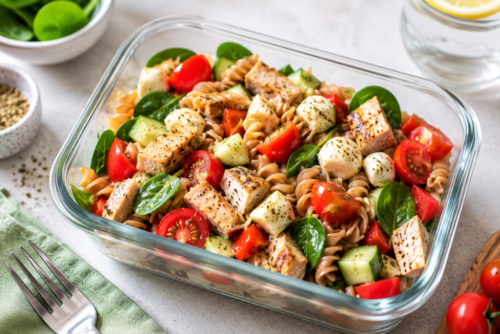 Italian chicken pasta salad with whole wheat pasta, grilled chicken, cherry tomatoes, cucumber, mozzarella, and spinach in a meal prep container for a healthy 400 kcal lunch.