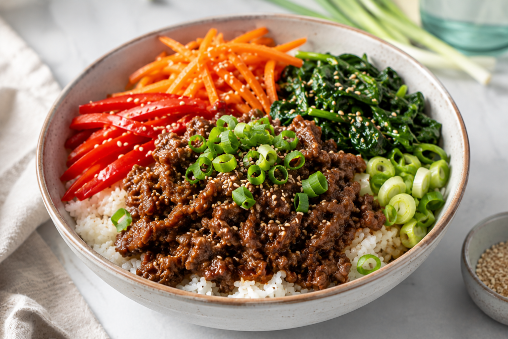 Korean beef rice bowl with glossy ground beef, fluffy rice, red bell pepper, carrots, spinach, spring onion, and sesame seeds.