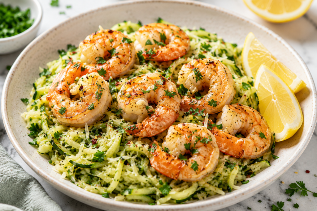 Lemon Garlic Shrimp with Zucchini Rice served with Parmesan, fresh parsley, lemon wedges, and red pepper flakes, an easy 400 kcal dinner.