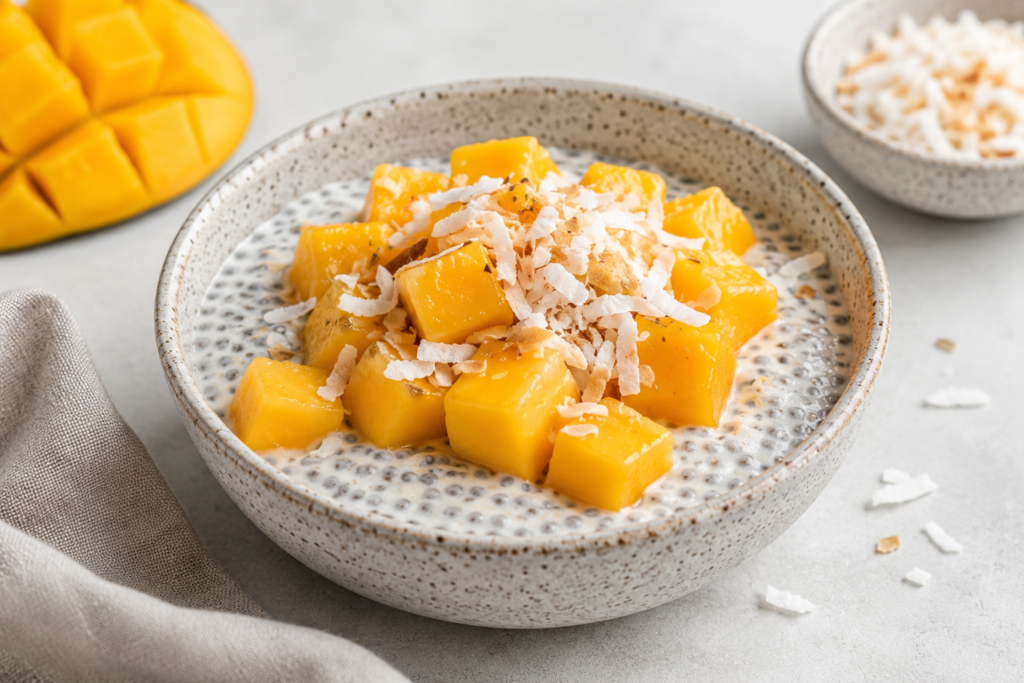 Creamy mango coconut chia pudding topped with fresh mango cubes and toasted coconut in a ceramic bowl, an easy 400 kcal healthy breakfast.