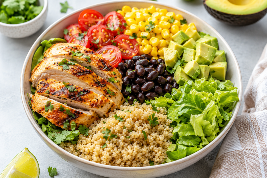 Southwest chicken quinoa bowl with grilled chicken, black beans, corn, avocado, cherry tomatoes, lettuce, and fresh herbs arranged in colorful sections.