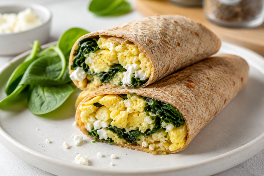 Whole wheat spinach and feta egg wrap sliced in half with fluffy scrambled eggs, wilted spinach, and crumbled feta on a light ceramic plate.
