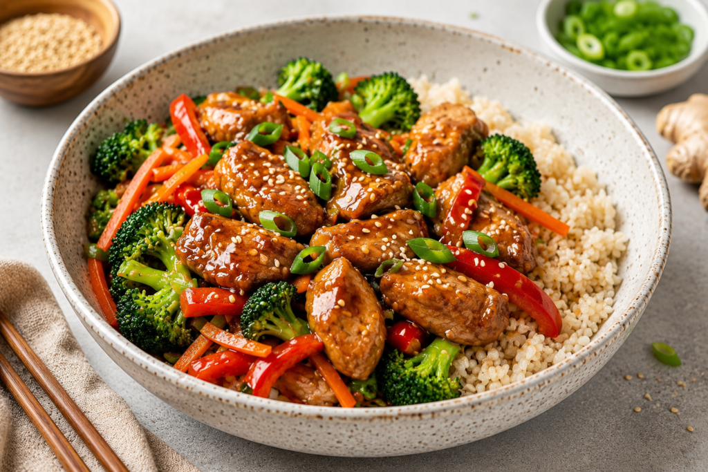Teriyaki chicken rice bowl with brown rice, broccoli, carrots, red bell pepper, sesame seeds, and green onions, an easy 400 kcal lunch.