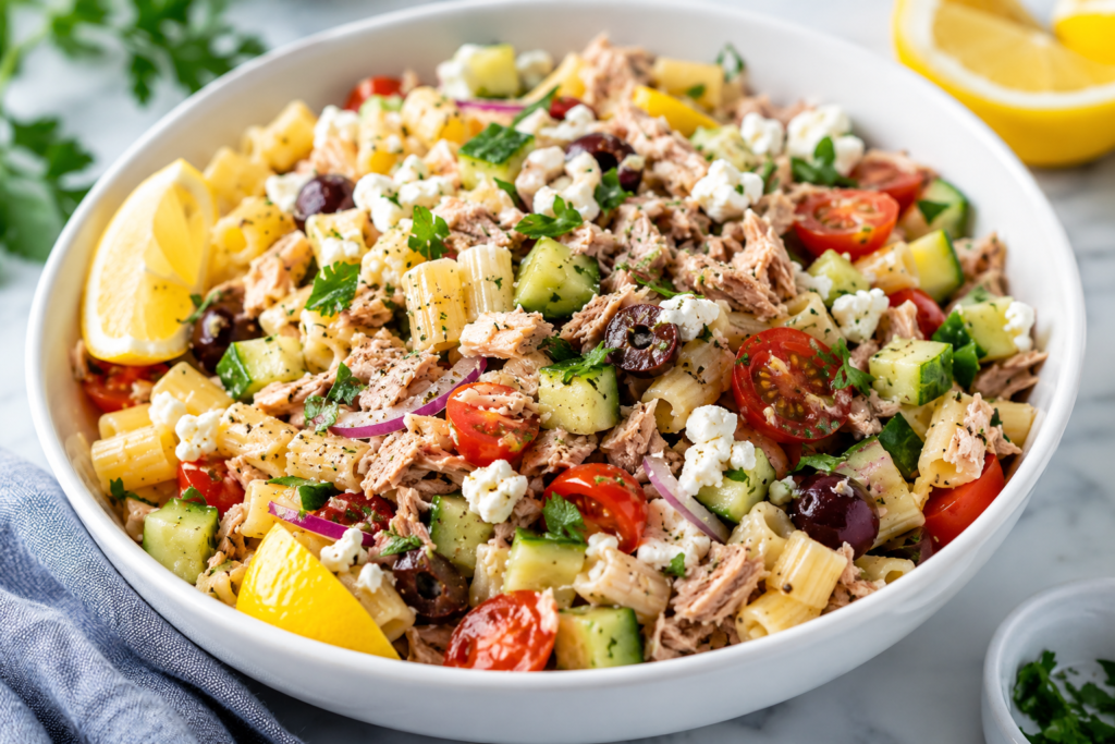 Tuna Mediterranean pasta salad with short pasta, tuna flakes, cherry tomatoes, cucumber, red onion, olives, feta, parsley, and lemon in a white bowl.