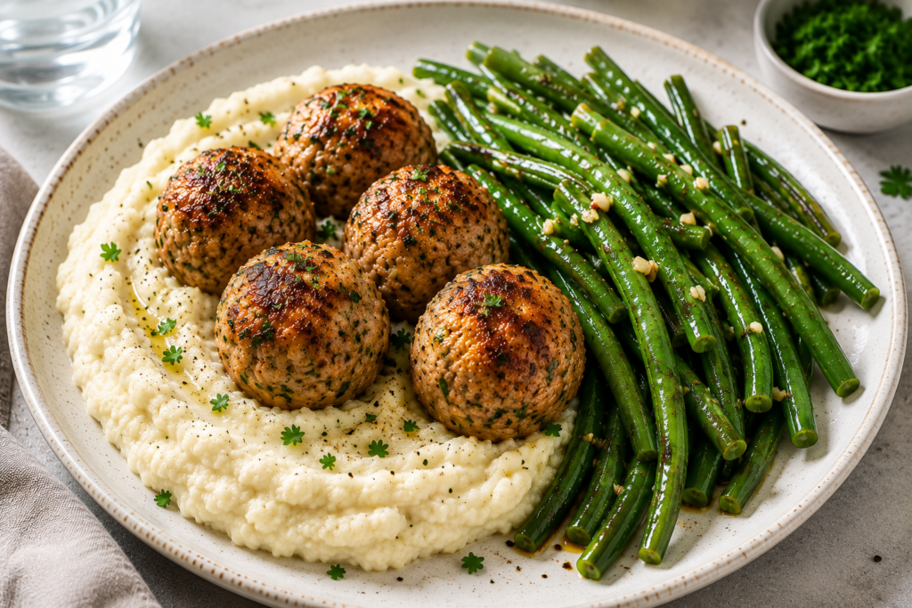 Turkey meatballs served with creamy mashed cauliflower and sautéed green beans for a healthy 400 kcal dinner.