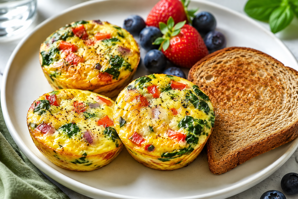 Veggie egg muffins with spinach and red bell pepper served with wholegrain toast and berries for a 400 kcal breakfast.